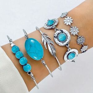 NWT Gorgeous 5 Pieces Silver & Faux Turquoise Floral Flower Bangle Bracelets Set